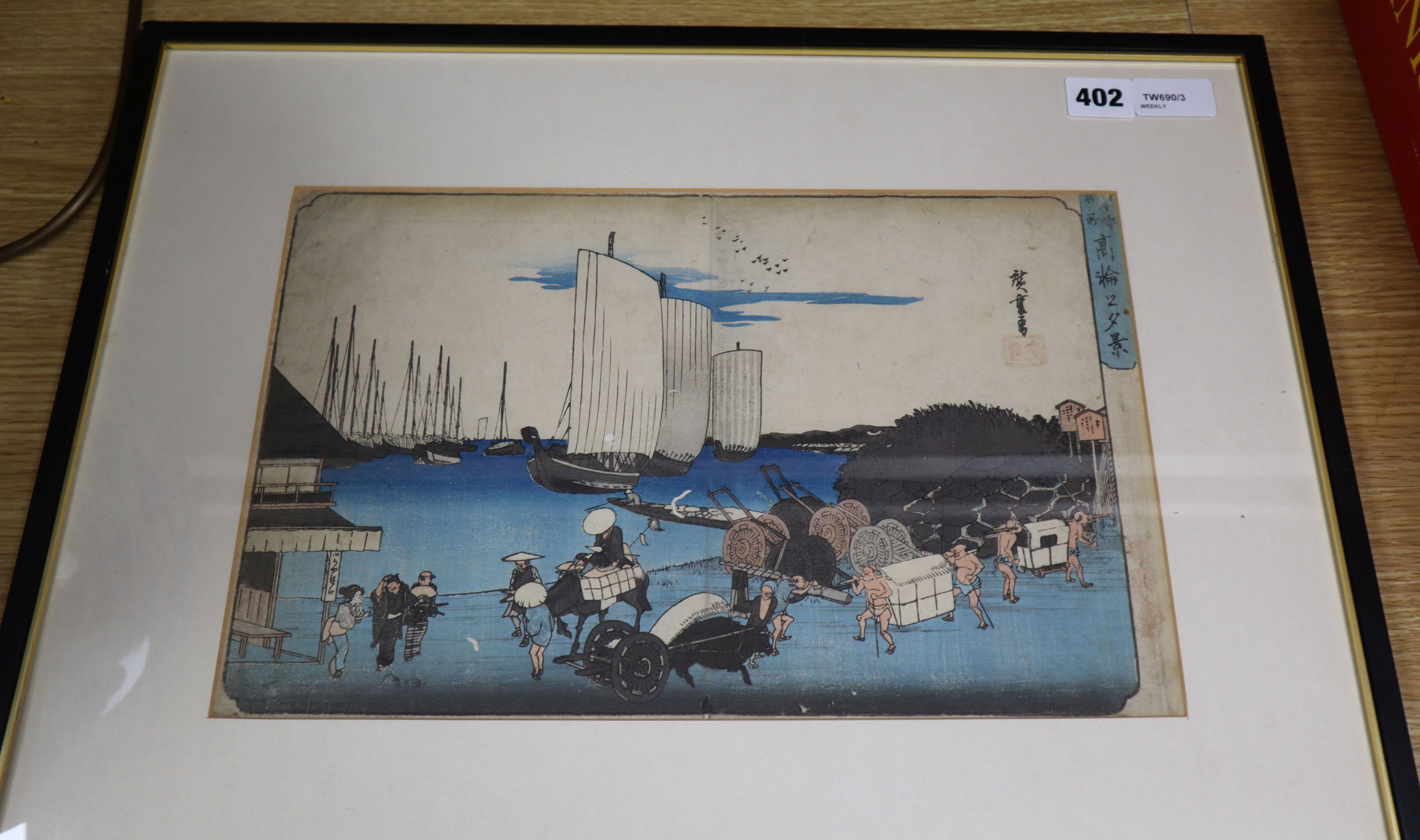 A Japanese woodblock print after Utagawa Hiroshige, 'Takanawa no yukei/Toto Meisho', circa 1833-