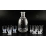 A Rene Lalique Dampierre pattern carafe and six glasses with moulded bands of birds and three