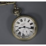 A nickel cased Winegarten Railway regulator keyless pocket watch, on albert chain.