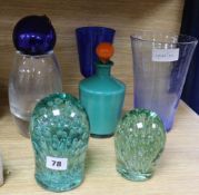 Two Victorian green glass dumps, a Monart style vase, one other and sundry glassware