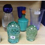 Two Victorian green glass dumps, a Monart style vase, one other and sundry glassware