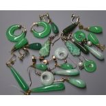 Two pairs of 14K yellow metal-mounted jade earrings, a 9ct pair and eight pairs of jade earrings,