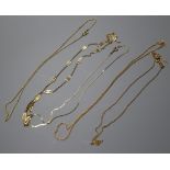 Two 18ct chains, two 14ct fine chains and one yellow metal chain(a.f.).