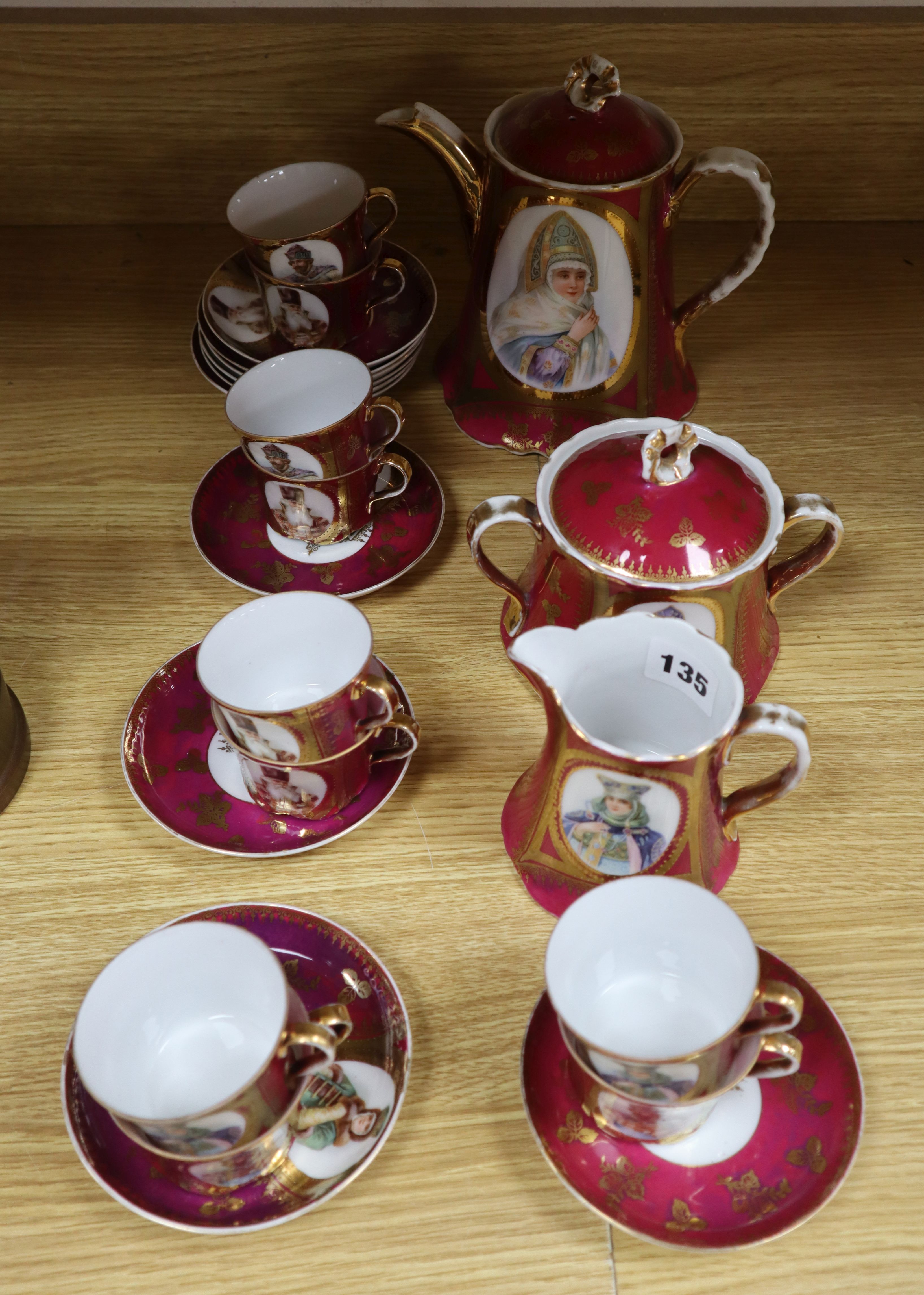 A Russian Gardner factory coffee set c.1900, each piece decorated with a portrait (25)