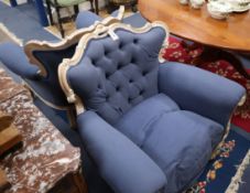 A pair of Louis XVI design upholstered armchairs and a pair of matching side chairs