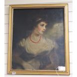 19th century English School, oil on canvas, Portrait of a lady wearing a coral bead necklace, 60 x