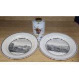 A 18th century Furstenburg tea caddy and two early 19th century Zell creamware named view plates