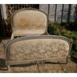 An early 20th century French painted upholstered double bed frame (King size) W.160cm
