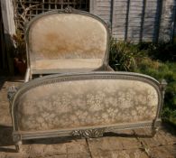 An early 20th century French painted upholstered double bed frame (King size) W.160cm