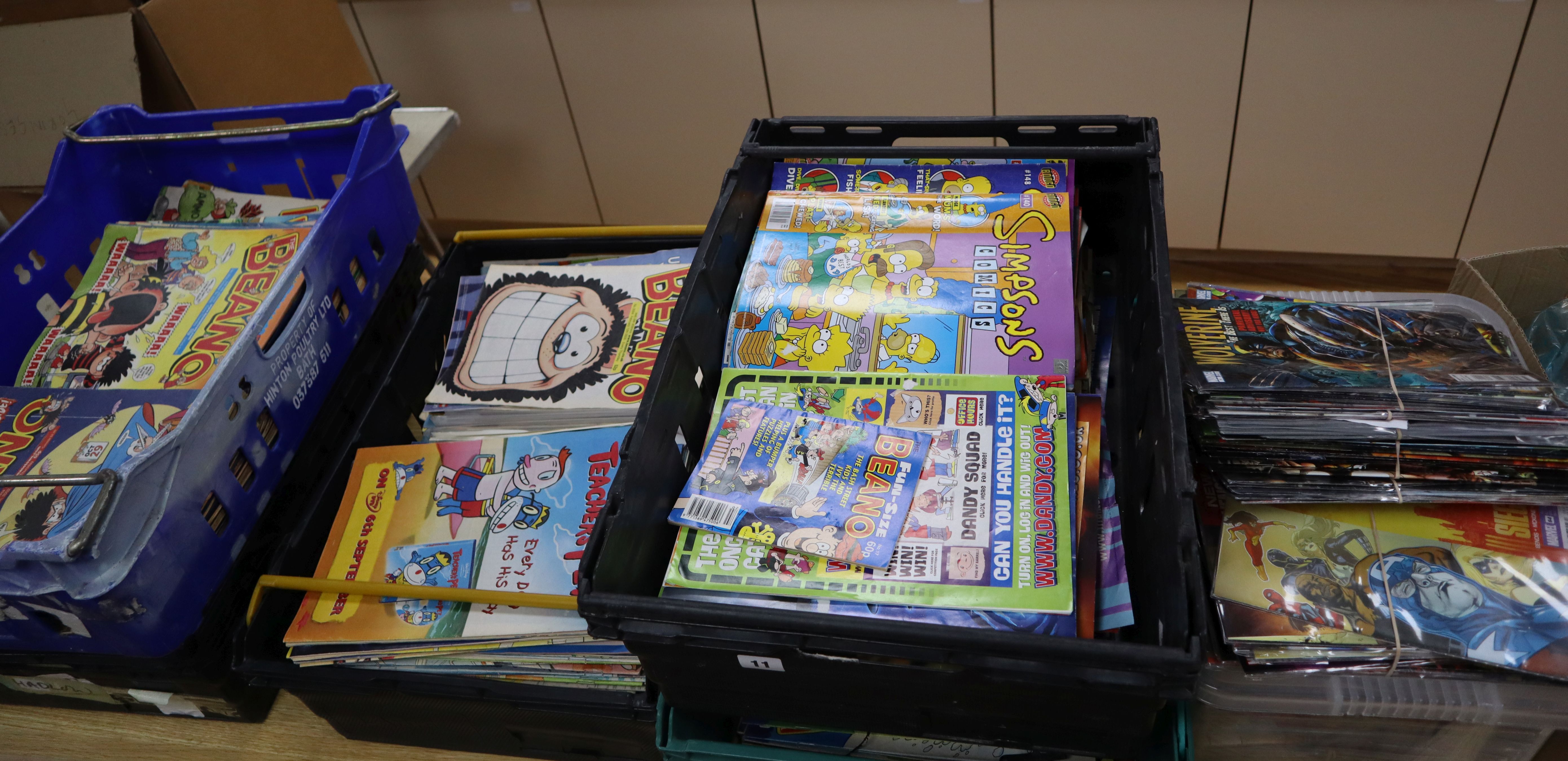 1980's - 2010 comics, six boxes of Simpsons, Beano and Marvel comics