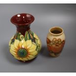 A Moorcroft sunflower vase and a bird and apple vase tallest 16cm