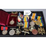 A group of assorted medals and cap badges including 1914-15 star 14953 Pte A.Campbell Sco.RifVictory