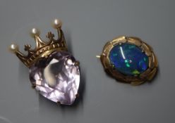 A Victorian style 9ct gold, amethyst and seed pearl crowned heart brooch cum pendant and a 9ct