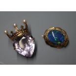 A Victorian style 9ct gold, amethyst and seed pearl crowned heart brooch cum pendant and a 9ct