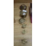 Five sets of flat brass weights and two others