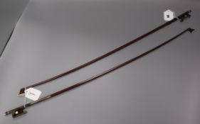 A 19th century violin bow with tortoiseshell frog and another nickel-mounted bow, both a.f.