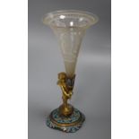 A 19th century French ormolu and champleve enamel epergne, with cherub support and etched glass