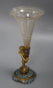 A 19th century French ormolu and champleve enamel epergne, with cherub support and etched glass