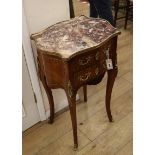 A Louis XVI style gilt metal mounted marble topped serpentine two drawer side table W.50cm