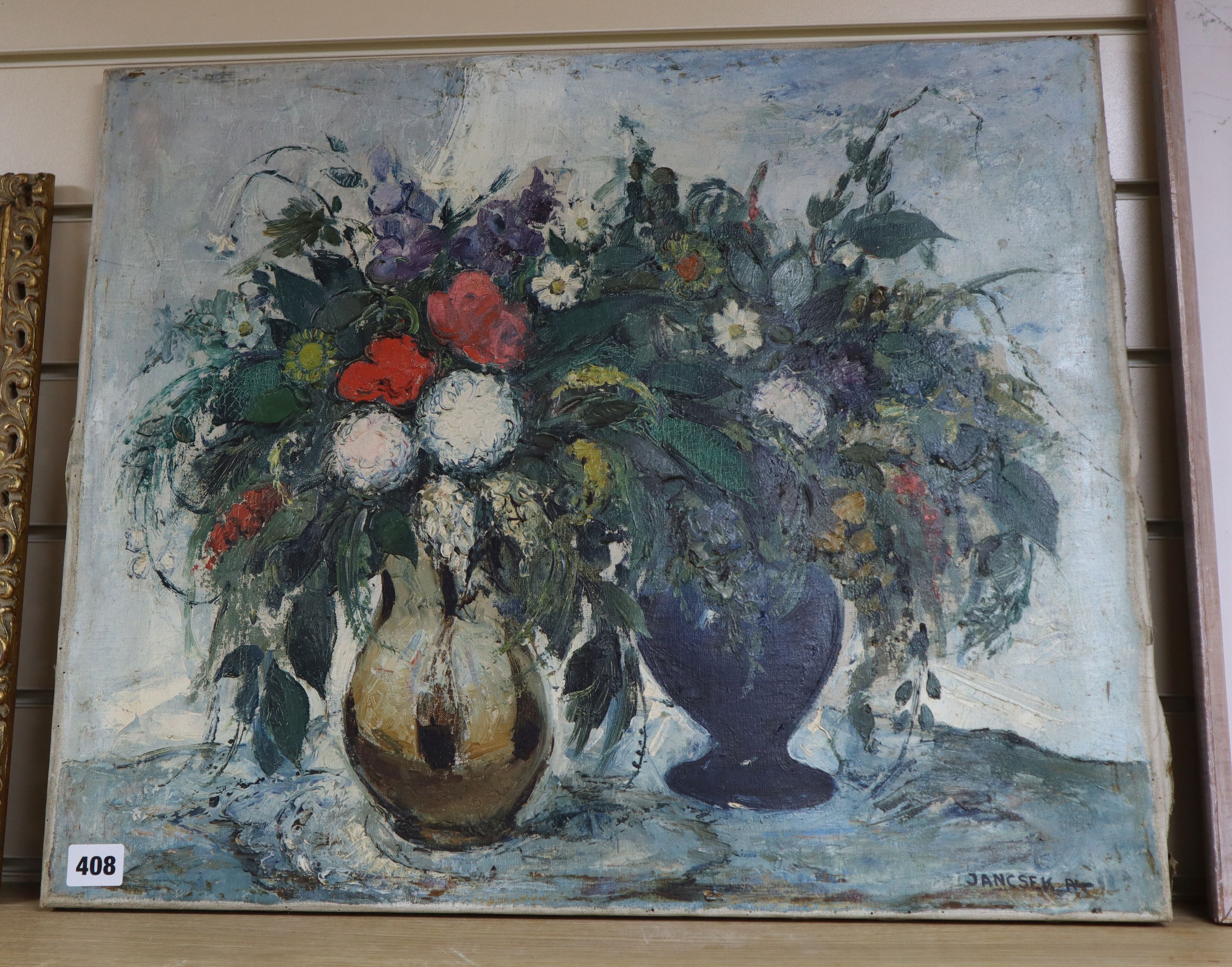 Antal Jancsek (Hungarian 1907-1985), oil on canvas, Still life of flowers in vases, signed, 50 x