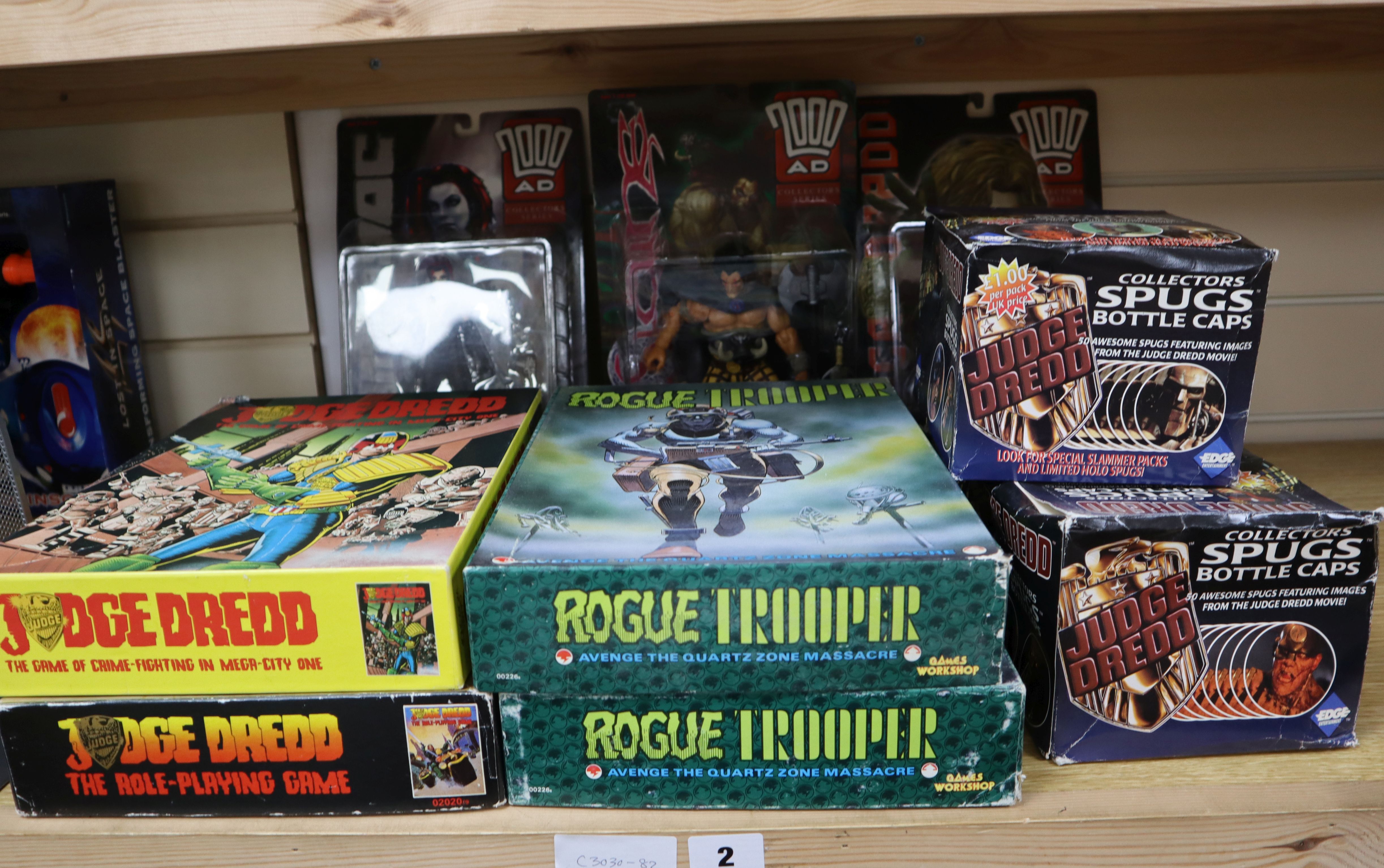 Judge Dredd/2000AD/Rogue Trooper - four board games, 3 carded action figures and collectors spugs