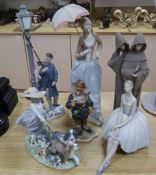 Five Lladro porcelain figures and a Capo di monte figure tallest 48cm