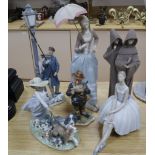 Five Lladro porcelain figures and a Capo di monte figure tallest 48cm