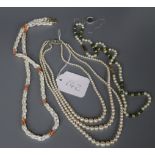 A three-strand cultured pearl necklace, with 9ct white, diamond and sapphire-set clasp and three