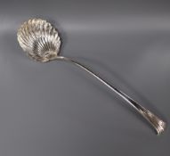 A George III silver onslow pattern soup ladle, George Smith III, London, 1779, (possibly converted