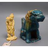 A Japanese walrus ivory figure, early 20th century and a glazed lion-dog censer