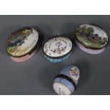 Three early 19th century Staffordshire enamel patch boxes and an egg shaped vinaigrette