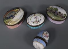 Three early 19th century Staffordshire enamel patch boxes and an egg shaped vinaigrette