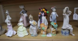 A Royal Doulton figure, Biddy Pennyfarthing, two Beatrix Potter figures, Benjamin Bunny and Squirrel