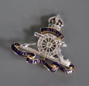 An 18ct and 'plat', enamel and rose cut diamond set Royal Artillery sweethearts brooch, 33mm.