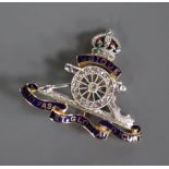 An 18ct and 'plat', enamel and rose cut diamond set Royal Artillery sweethearts brooch, 33mm.