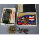 A Territorial Fox Efficiency medal, two WW2 medals and badges etc