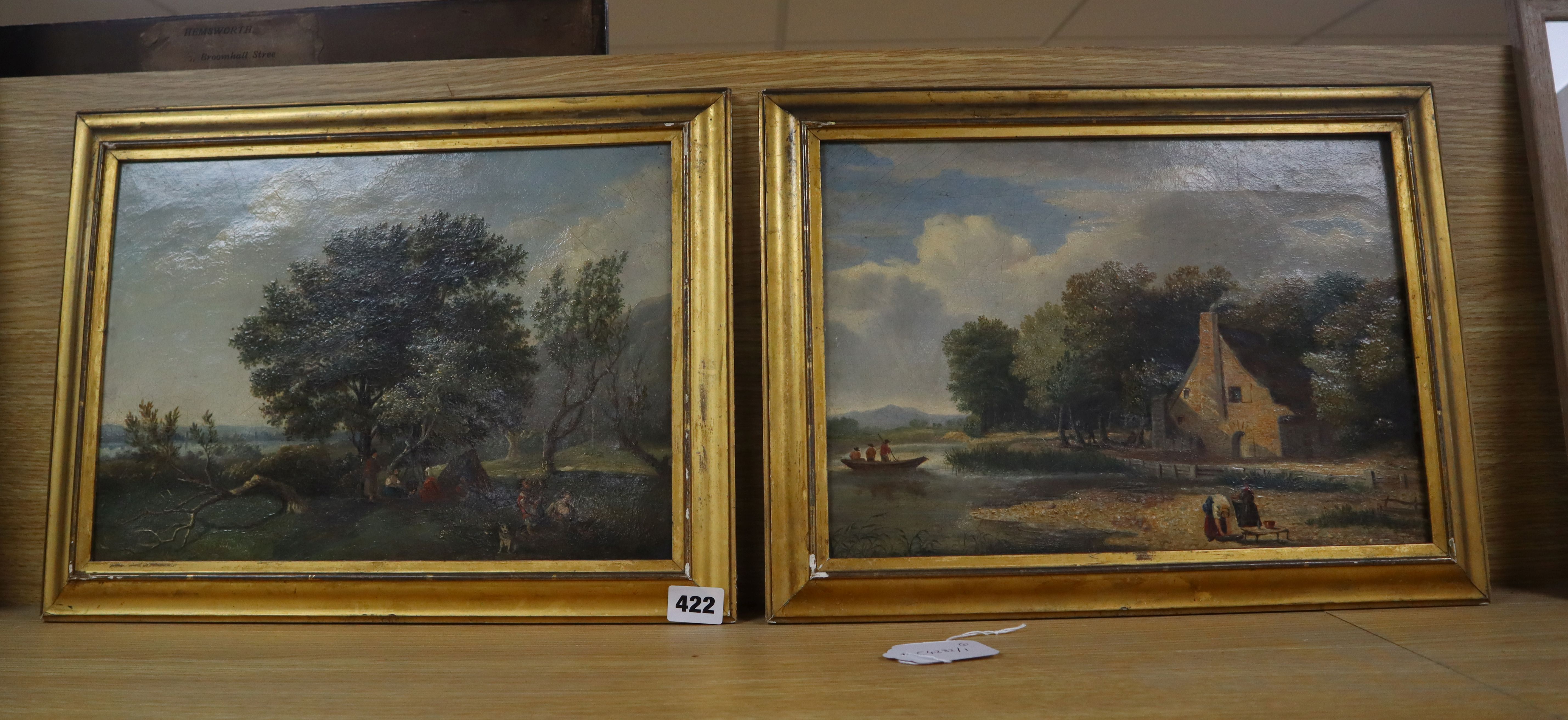 Attributed to Richard Hilder (1830-1851), pair of oils on canvas, Figures camping and Waterside