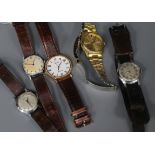 Five assorted gentleman's wrist watches including Timex and retailed by Camerer Cuss & Co.