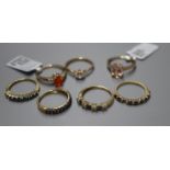 Seven 9ct gem-set rings, including fire opal and morganite examples