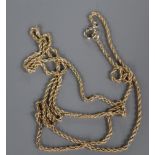 A yellow metal ropetwist necklace, 98cm, 20 grams.