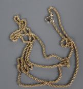 A yellow metal ropetwist necklace, 98cm, 20 grams.