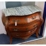 A Louis XVI style marble top bombe commode W.100cm