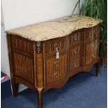 A French transitional style marble top bombe commode W.128cm