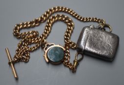 A 9ct. gold Albert with 9ct gold and bloodstone swivel seal and a silver vesta case.