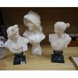 A pair of alabaster busts `Apollo Belvedere' and `Diana of Versailles' and a larger bust of a