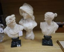 A pair of alabaster busts `Apollo Belvedere' and `Diana of Versailles' and a larger bust of a