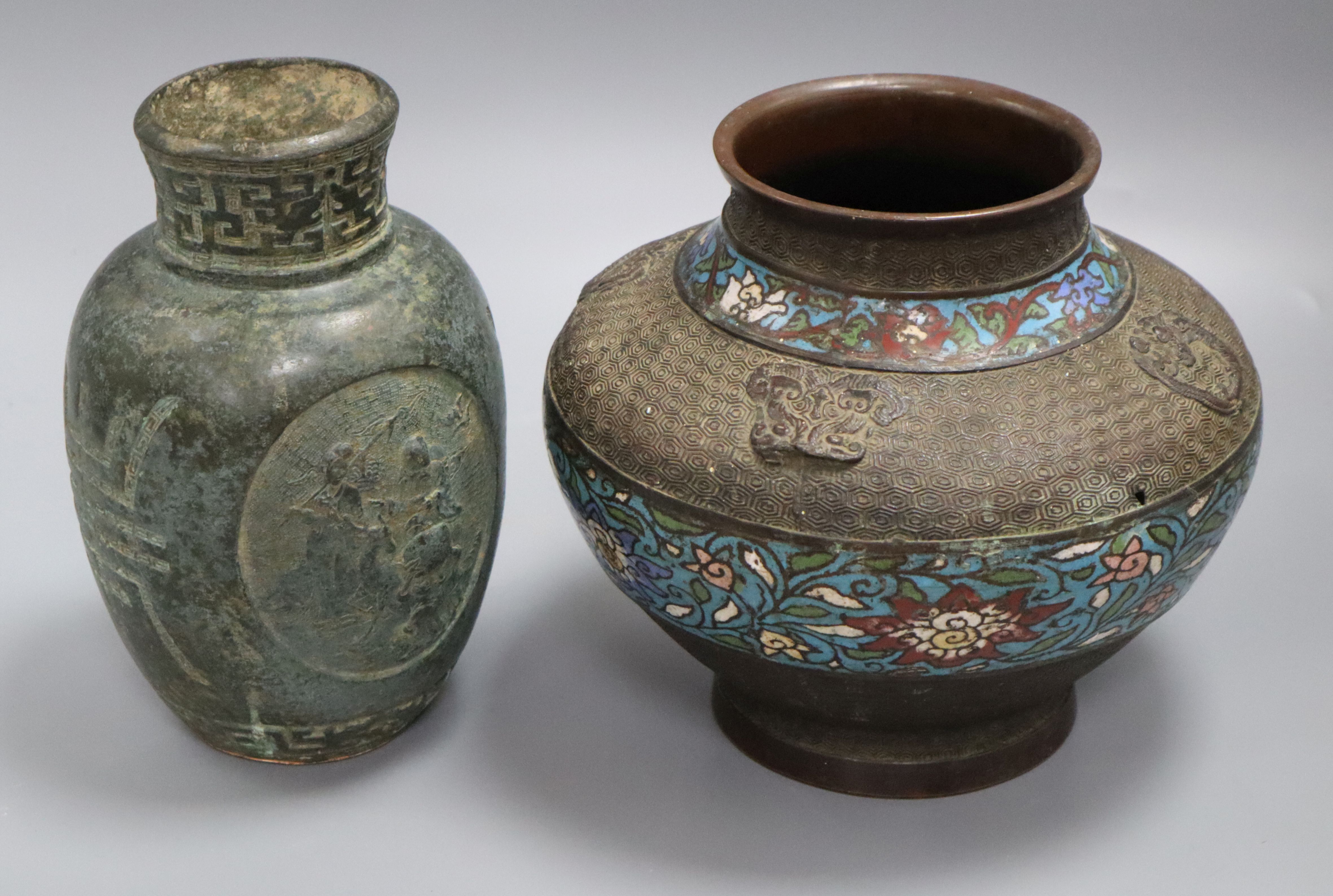 A Chinese bronze 'immortals' vase, 19th century and a Japanese bronze and champleve enamel vase