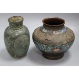 A Chinese bronze 'immortals' vase, 19th century and a Japanese bronze and champleve enamel vase