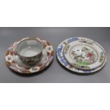 A Spode stone china double peacock pattern plate tureen and two Spode floral plates