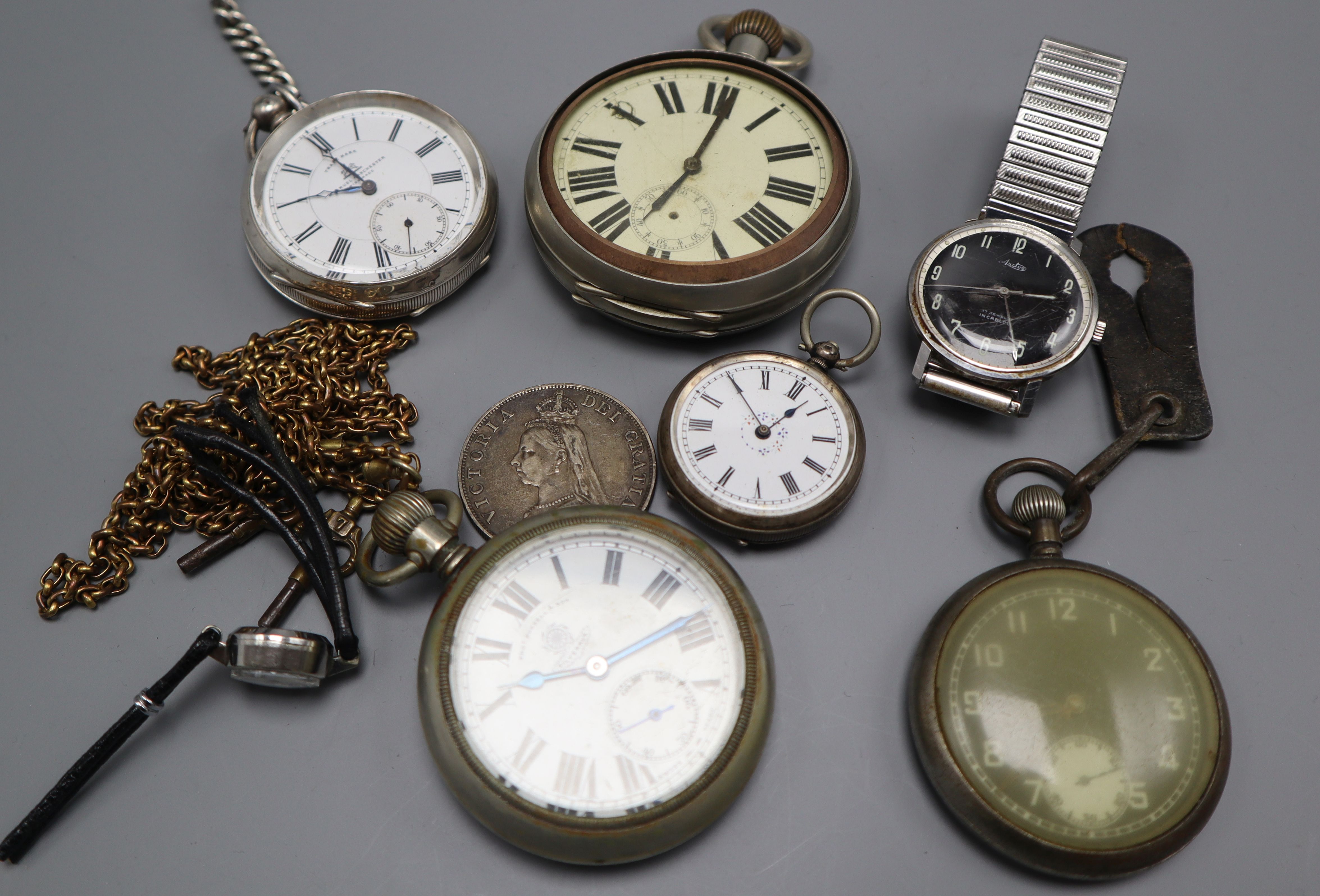 A lady's Omega watch, two other wristwatches and five pocket watches including military.